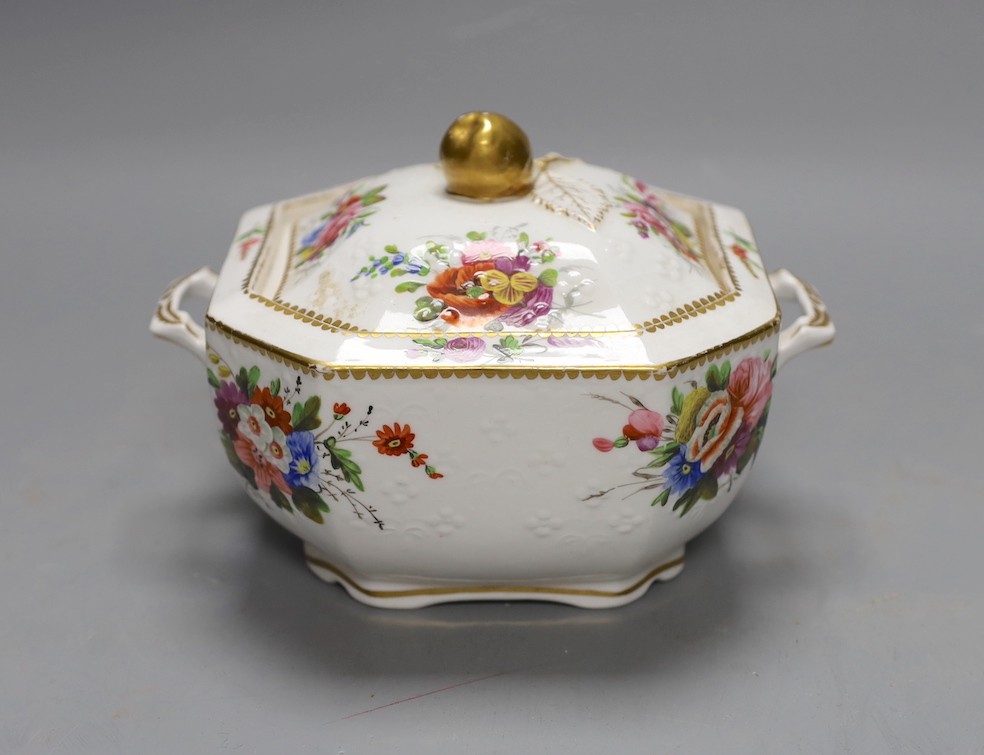 A Spode sugar box and cover of moulded form painted with flowers having a fruit finial, marked Spode 2527. 16cm